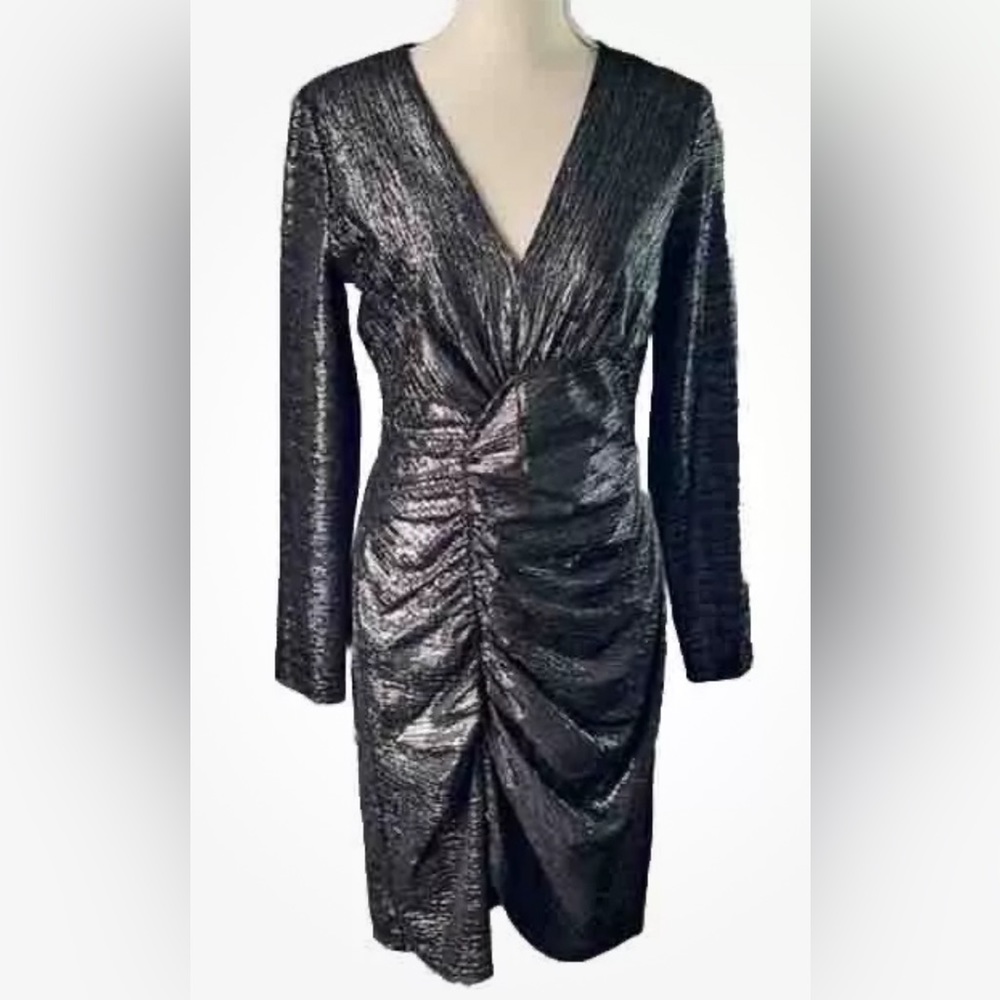 Maggie London Figure Flattering Ruched Designer Black Dress w Shimmer Size 6